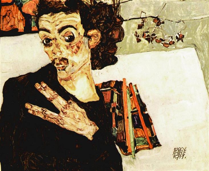 Autoportrait avec un vase noir et des doigts écartés - Egon Schiele
