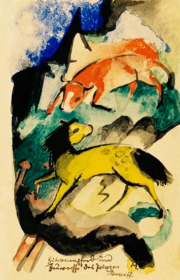 Lemon horse and fire ox of Prince Jussuff (on the postcard to Else's dungeon students) - Franz Marc