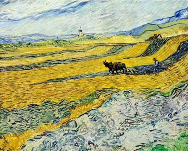 Field with a farmer plowing and a mill - Van Gogh