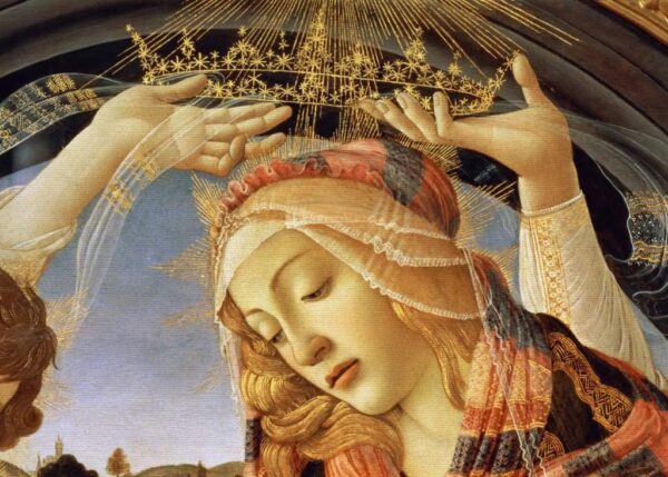 The Madonna of the Magnificat, detail of the face and crown of the Virgin, 1482 (tempera on panel) - Sandro Botticelli