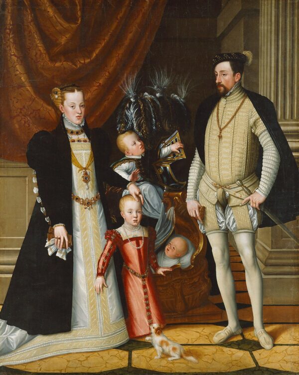 The Roman Emperor Maximilian II of Austria and his wife the Infanta Maria of Spain with their children - Arcimboldo