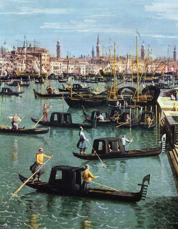 Gondoliers near the entrance of the Grand Canal and the church of Santa Maria della Salute, Venice - Giovanni Antonio Canal