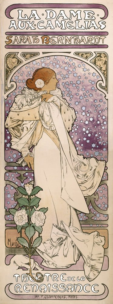 Poster for the play The Lady of the Camellias by A. Dumas at the Renaissance Theater - Mucha