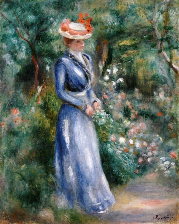 Woman in Blue Dress Standing in the Garden of Saint-Cloud - Pierre-Auguste Renoir