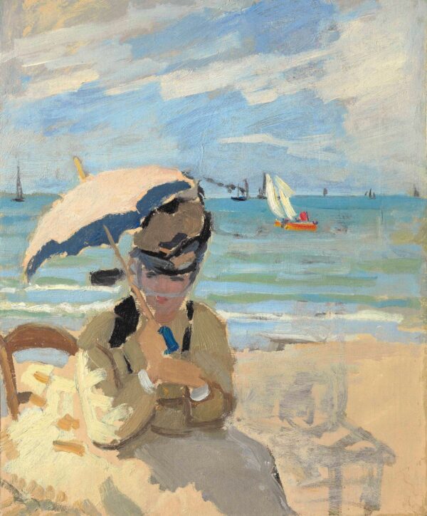 Camille sitting on the beach at Trouville - Claude Monet