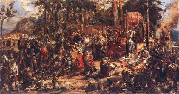 Christianization of Lithuania A D 1387 – Jan Matejko. 

Translation: Christianization of Lithuania A.D. 1387 – Jan Matejko