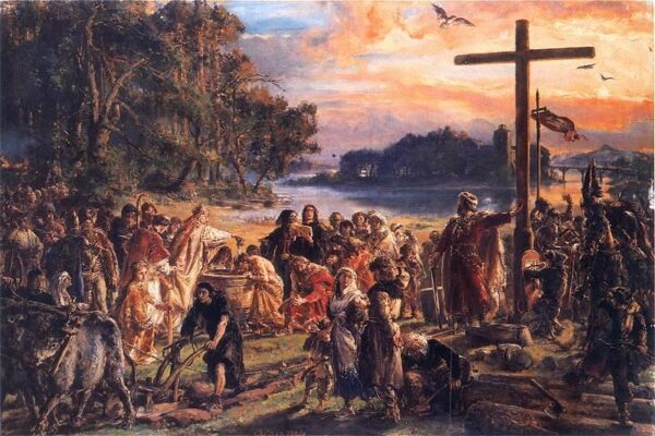 Christianization of Poland A D 965 – Jan Matejko. 

Translation: Christianization of Poland A.D. 965 – Jan Matejko