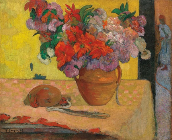 Flowers in a vase and a bottle of water - Paul Gauguin