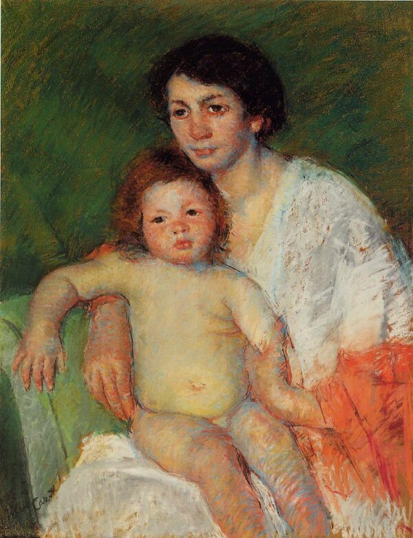 Naked Baby on His Mother's Lap, Arm Resting on the Chair Back - Mary Cassatt