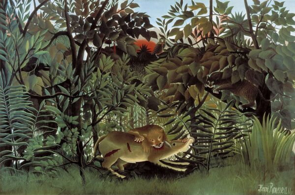 The hungry lion pounces on the antelope - Henri Rousseau