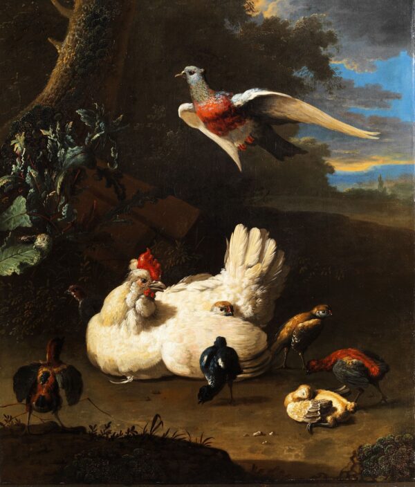 A hen and her chicks with a dove flying near a tree - Melchior d'Hondecoeter