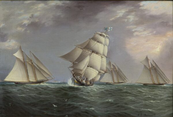 A merchant ship crossing a regatta of schooners - James E. Buttersworth