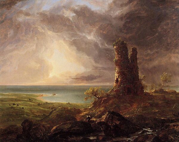 Romantic landscape with ruined tower - Thomas Cole