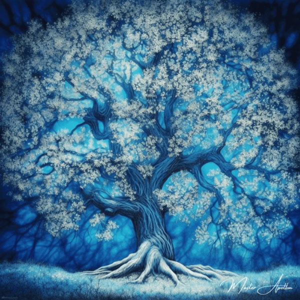 Blue tree with white leaves