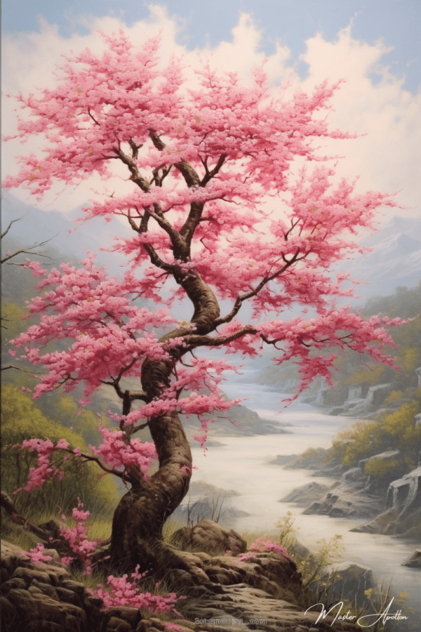 Japanese cherry tree and river tableau