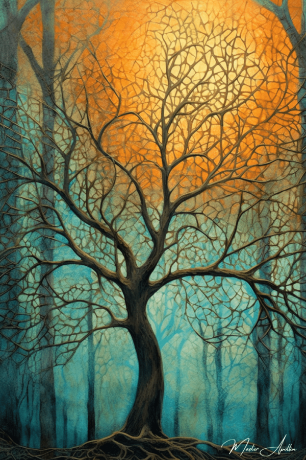 Contemporary blue orange tree painting