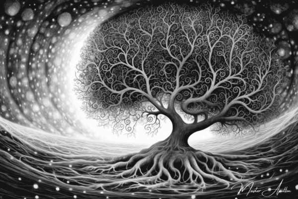 Black and white tree of life universe tableau