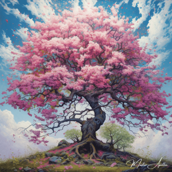 Table with pink flowering tree