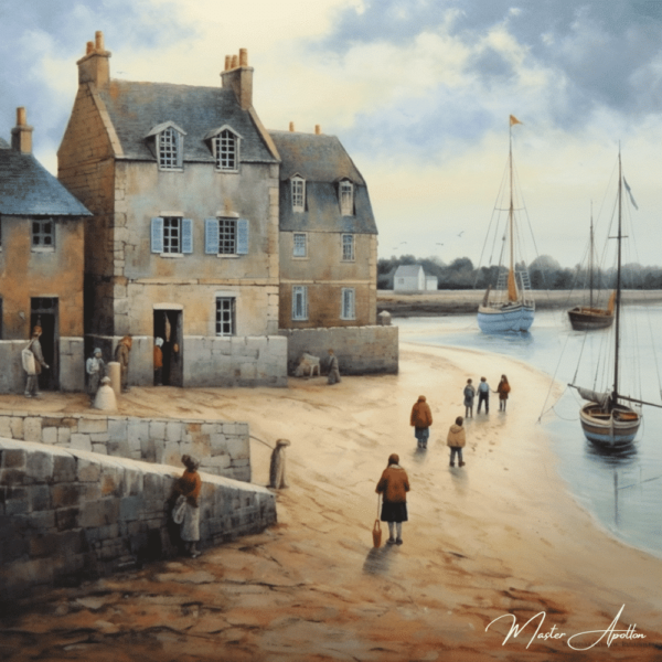 Contemporary Brittany landscape: village, beach, boat