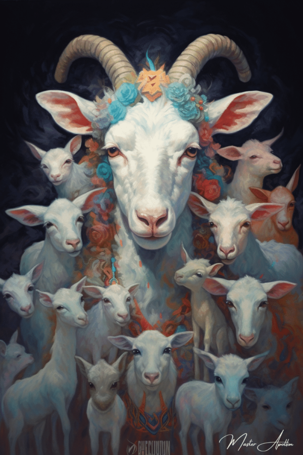 Contemporary painting of a family of goats