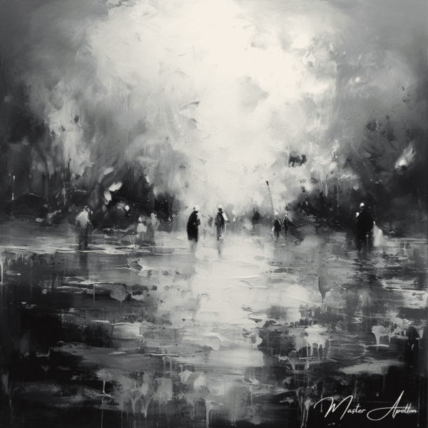 Contemporary black and white painting in the rain