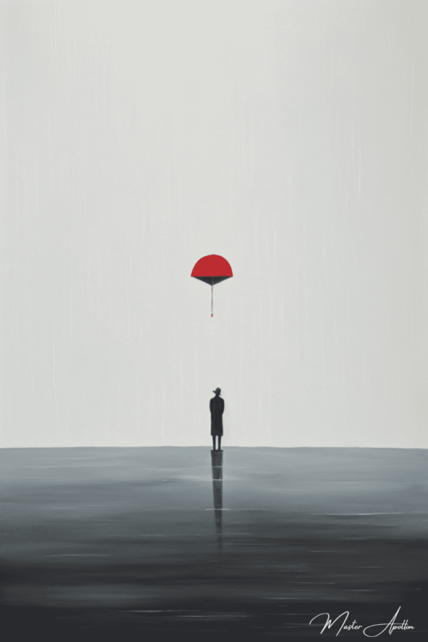 Minimalist painting of the flying red umbrella