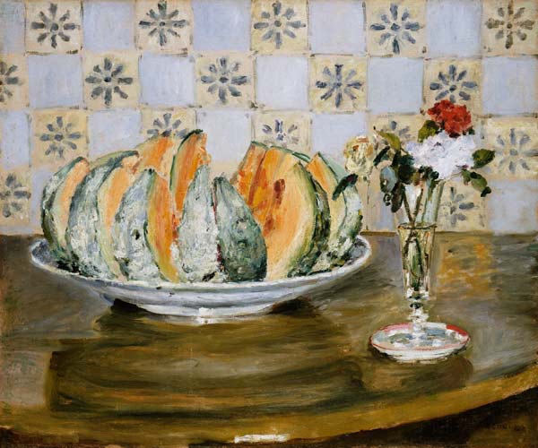 Still Life with a Melon and a Vase of Flowers by Pierre-Auguste Renoir - Oil Painting Reproduction