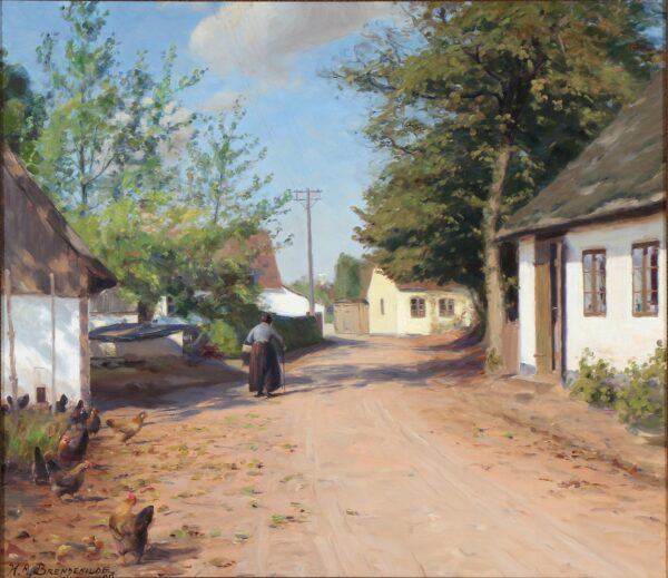 An elderly woman in a village street - Hans Andersen Brendekilde