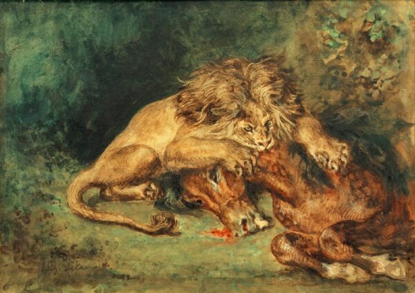 Lion, tearing a horse - Eugène Delacroix oil painting reproduction