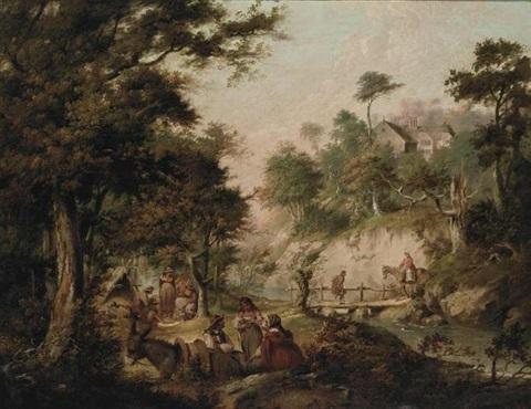 A WOODED LANDSCAPE WITH GYPSIES OUTSIDE A TENT, FIGURES ON A WOODEN BRIDGE, AND A HOUSE BEYOND - Nicolas Bernard Lépicié