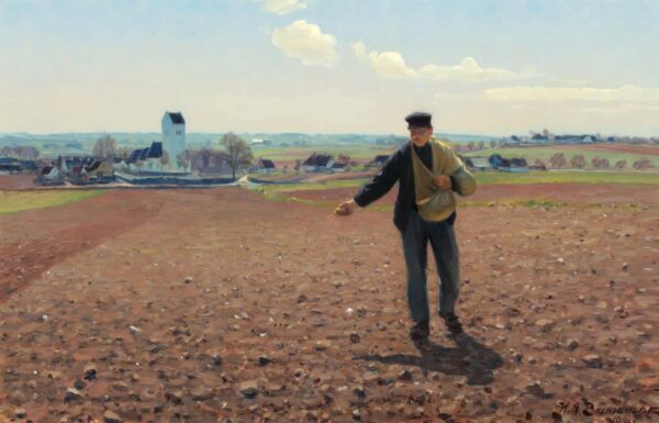 A field sower on a sunny spring day at the church of Brendekilde - Hans Andersen Brendekilde