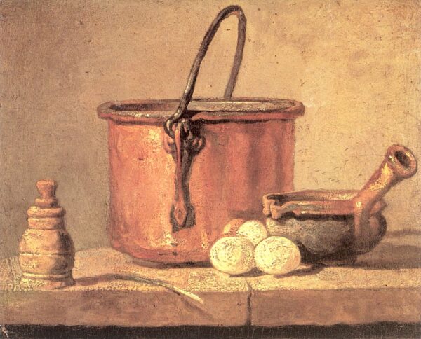 Still Life with Kitchen Utensils, Cauldron, Pot, and Eggs – Jean Siméon Chardin Reproduction Painting