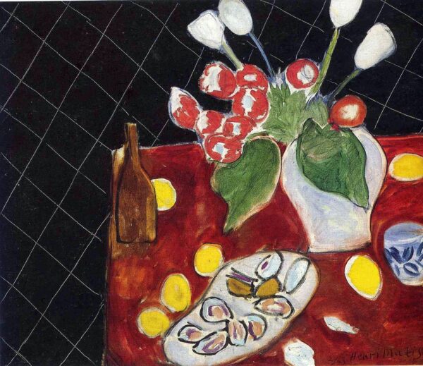 Tulips and oysters on a black background - Matisse